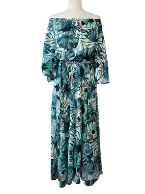 Une Ame green and white tropical palm print off-the-shoulder maxi dress